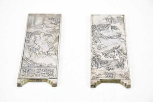 A pair Chinese white metal plaques, each bearing character marks to the back, 15cm.