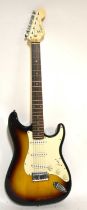 SQUIER BY FENDER; a Strat electric guitar with hard carrying case.