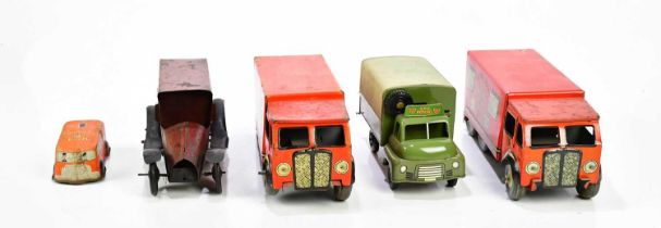 WELSOTOYS; a gyro movement tin plate GPO repair lorry, together four further tin plate Royal Mail