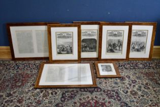 THE ILLUSTRATED LONDON NEWS; four framed covers, framed articles and further etching, largest 62 x