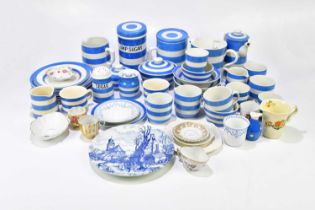 TG GREEN; a collection of Cornishware including a caddy jar lump sugar, a teapot, various bowls,