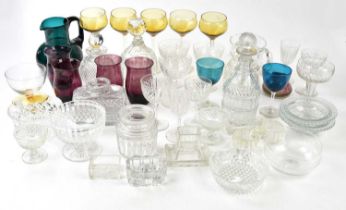 A collection of assorted glassware including a Whitefriars style soda jug, various glasses, etc.