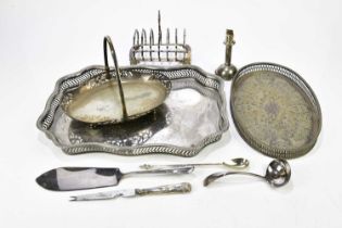 A small collection of plated items, to include trays, toast rack, ladle and a basket.