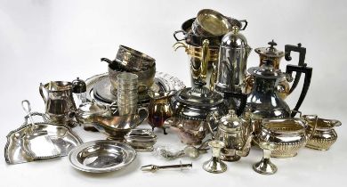 A large collection of assorted silver plate including galleried trays, tea services, an ice