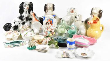 A collection of 19th century and later ceramics, including various Staffordshire spaniels, a