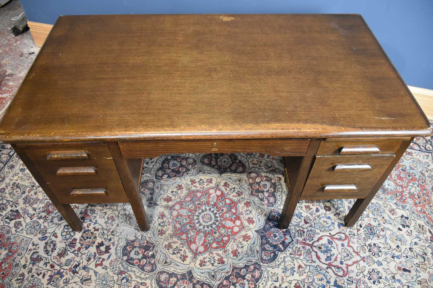 ABBESS; an oak knee-hole desk, with an arrangement of seven drawers, on rounded square legs, - Image 2 of 6