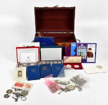 A large quantity of assorted coins including a Battle of Trafalgar five pound coin, Royal Mint set