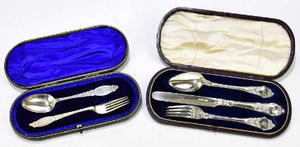 JOSEPH GLOSTER; a cased Victorian hallmarked silver three piece christening set, Birmingham 1850, (