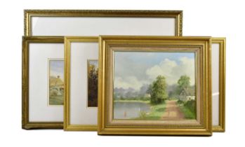 W H MULLER HEWITT; watercolour, cottage scene, signed lower left, together with two further