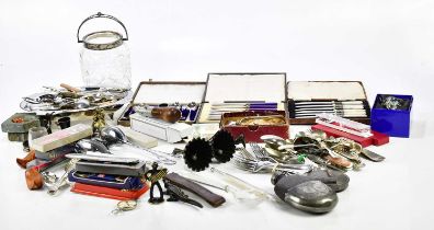 A collection of silver plate including tazzas, part service, flatware and assorted metalware.