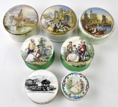 F R PRATT; a collection of Prattware pot lids on bases, including ‘Church of the Holy Trinity,