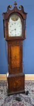 A 19th century oak longcase clock, the painted dial depicting a boy gathering hay above the