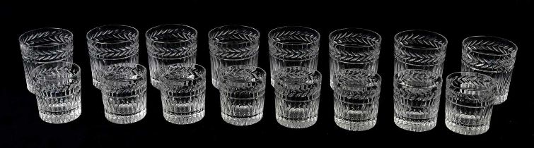 STUART; eight large size cut glass tumblers, height 9cm and eight smaller size tumblers, height 7.