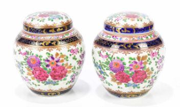 A copy pair of Sampson of Paris hand painted jar and covers, height 11cm.