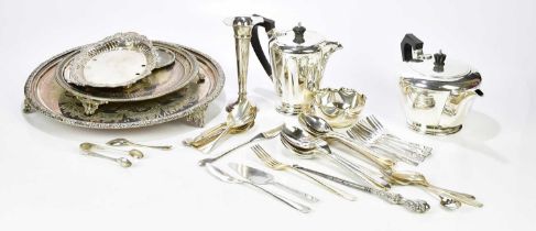 A collection of assorted silver plate including salver, tea service, various flatware etc.