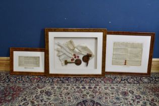 An 18th century article of purchase, an 18th century marriage certificate and a framed