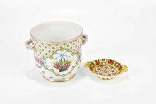 DRESDEN; a twin handled hand painted ice bucket decorated with a basket of flowers and floral