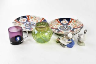 A pair of Japanese Imari wall chargers, diameter 30cm, two Bing & Grondahl figures and a Royal