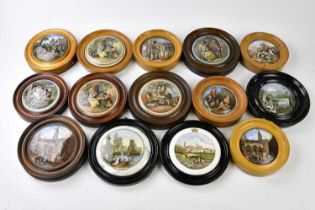 F R PRATT; a collection of fourteen Prattware pot lids, including ‘The Village Wedding’ by Thomas