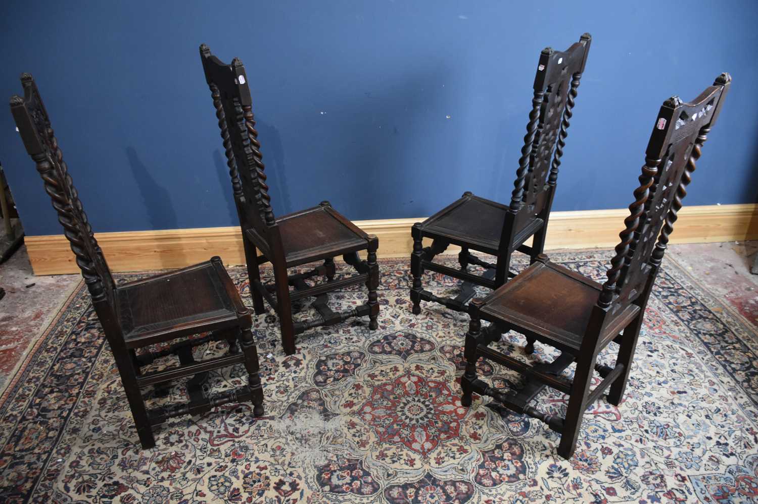 Four carved oak hall chairs with panelled seats (4). - Image 2 of 2