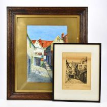† RICHARD ARTHUR RISELEY; watercolour, street scene, signed lower left, 34 x 24cm, together with