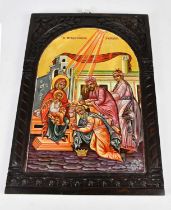 YANNIS TOGAS; a painted religious icon of recent production depicting the Adoration of the Magi,