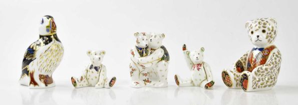 ROYAL CROWN DERBY; five animal form paperweights including 'puffin', 'seated bear', etc (5).