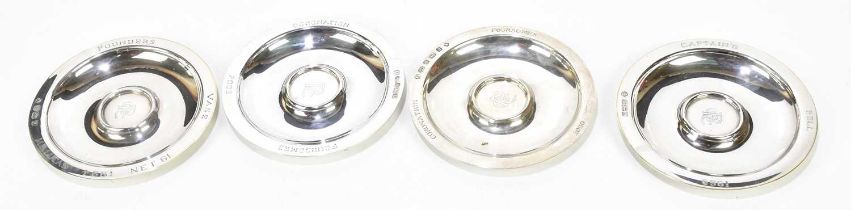 PINDER BROS; four Elizabeth II hallmarked silver dishes of circular form, with engraved presentation