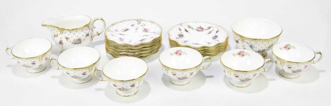 ROYAL CROWN DERBY; a "Royal Antoinette" pattern tea set, to include six side plates, six saucers,