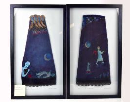 † ELIZABETH TARR; a pair of stitched textile panels, 'To Dream of Red Shoes I and To Dream of Red