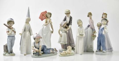 LLADRO; a collection of ten figures, to include two women holding baskets, young boy with baseball