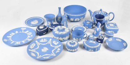 WEDGWOOD; a collection of jasperware including various trinket boxes, teapot, bowls etc.