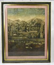 † JOHN RIDGEWELL; ink on paper, stylized landscape, unsigned, 56 x 44cm, framed and glazed.