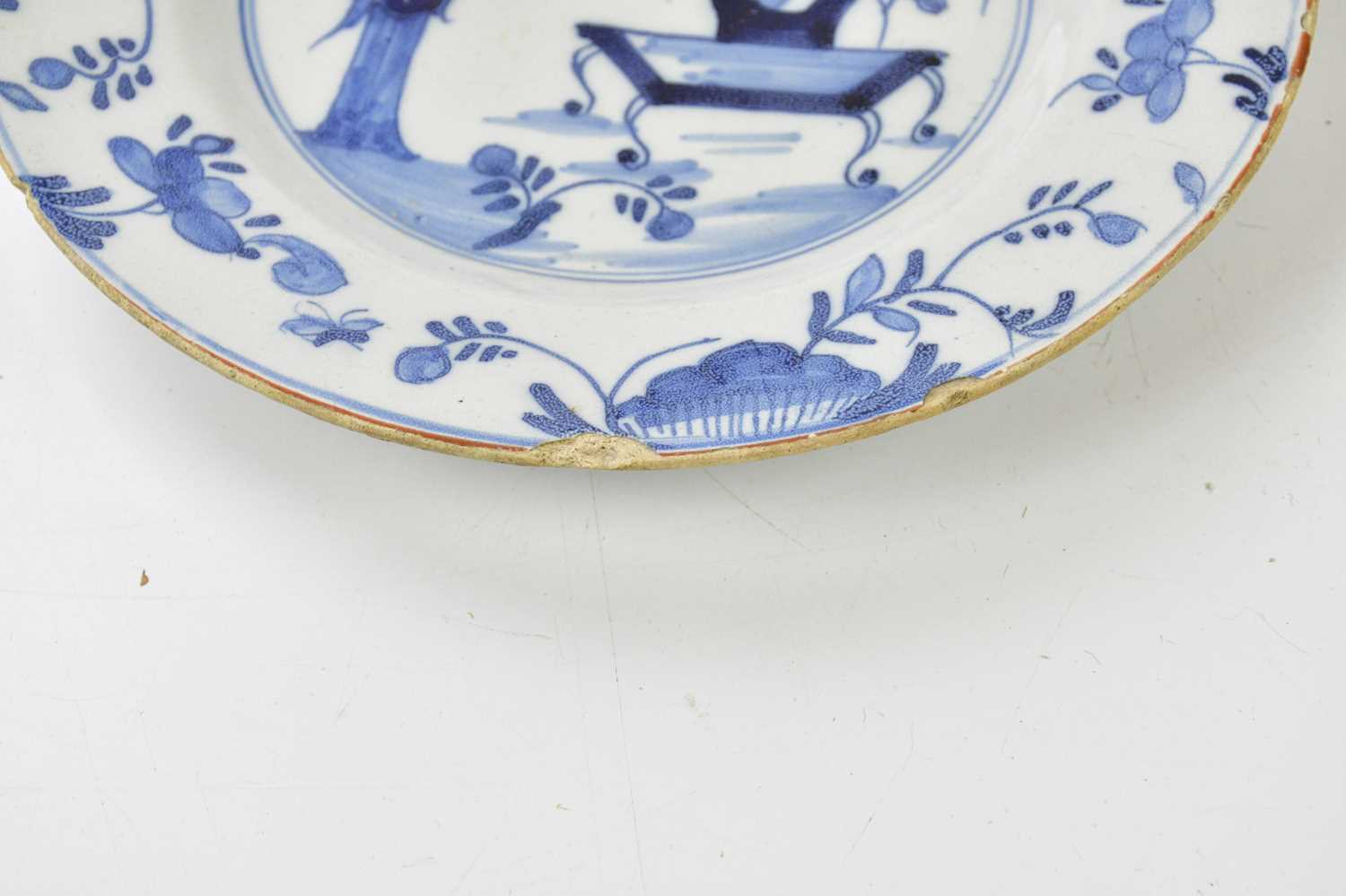 DELFT; two 18th century tin glazed plates to include an example in the Oriental manner with a figure - Image 10 of 12