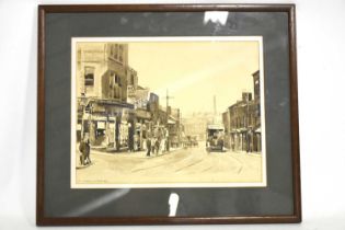 † ROBERT LITTLEFORD (born 1940); watercolour, street scene with tram, signed lower left, 26 x