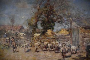 FREDERICK WILLIAM JACKSON (1859-1918); large oil on canvas, landscape with sheep, unsigned,