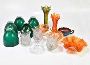 CARNIVAL GLASS; six pieces, five green glass shades, three cut glass shades, etc. Condition