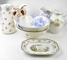 Four Victorian and later wash jugs, with three bowls and a transfer printed meat plate.