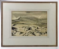 † DAVID TINDLE; ink and watercolour, "The Borders", unsigned, 26 x 36cm, framed and glazed.