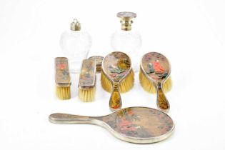HENRY CLIFFORD DAVIS; a George VI hallmarked silver and lacquered six piece dressing table set,