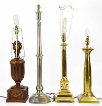 A modern Regency style brass table lamp on ball feet, height 48cm, together with three modern