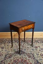A Regency mahogany and rosewood side table, with drawer, on turned legs, height 72cm, width 53cm,