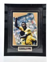 PELÉ; an autographed image of Pelé celebrating the 1970 World Cup Final goal, 39 x 37cm, framed