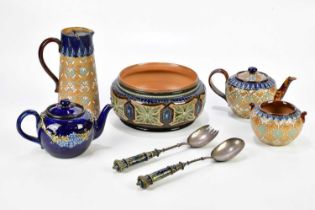 DOULTON LAMBETH; an Artware salad bowl and servers, Royal Doulton teapot decorated with sprigging