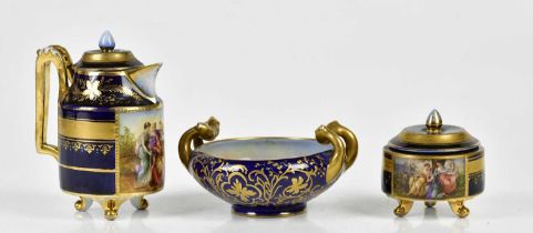 VIENNA; a coffee pot and cover and similar sugar bowl and cover, decorated with Graces in