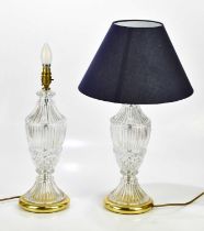 A pair of glass urn shaped table lamps, height including fitting 42cm. Condition Report: One of