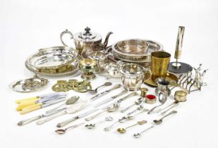 A quantity of assorted plated items including galleried trays, a part tea service, etc.
