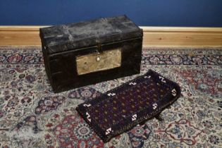 A Chinese leather and material bound rectangular chest with metal mounts, length 70cm.