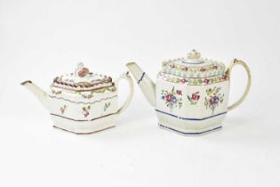 Two 18th century Castleford type pearlware teapots, one with swan finial, each with floral sprig