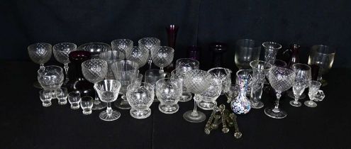 A collection of Georgian and later glassware including two Georgian rummers, amethyst coloured